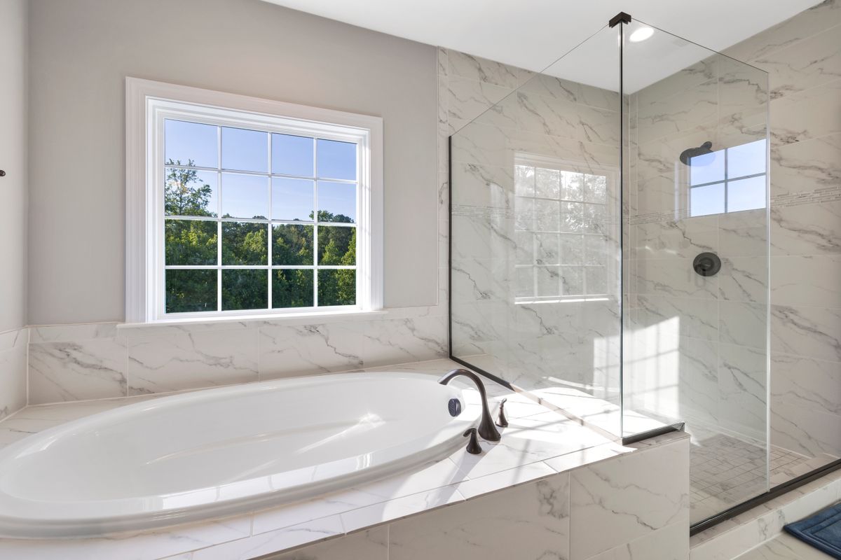 Light-filled bathroom with a freestanding bath